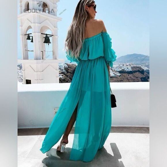 Cupshe Sexy Boho Off shoulder Beach Style ruffles split Turquoise‎ L RefCPS086 - Picture 3 of 13